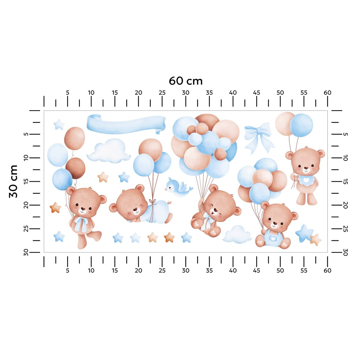 Naklejki Na Ścianę Dla Dzieci Kolorowe Balony Misie Chmurki Gwiazdki ZESTAW 60x30cm