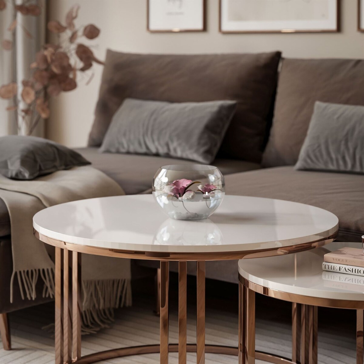 Stolik kawowy LORI 2w1 miedź biały połysk