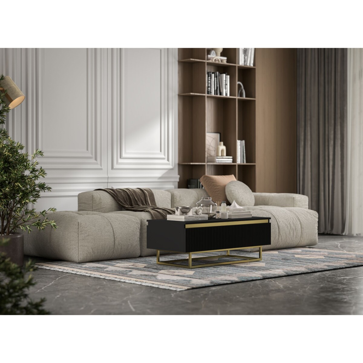 Stolik kawowy Glamour prostokątny elegancka ława Czarny Mat Stelaż w złotym kolorze 109 cm