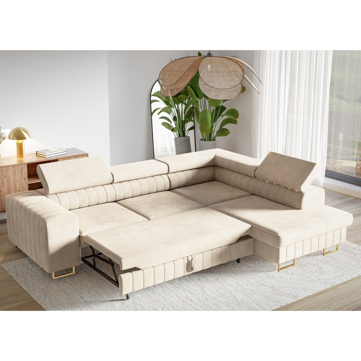 Narożnik NOLA do salonu, na złotych nogach-prawostronny-Matt velvet beżowy