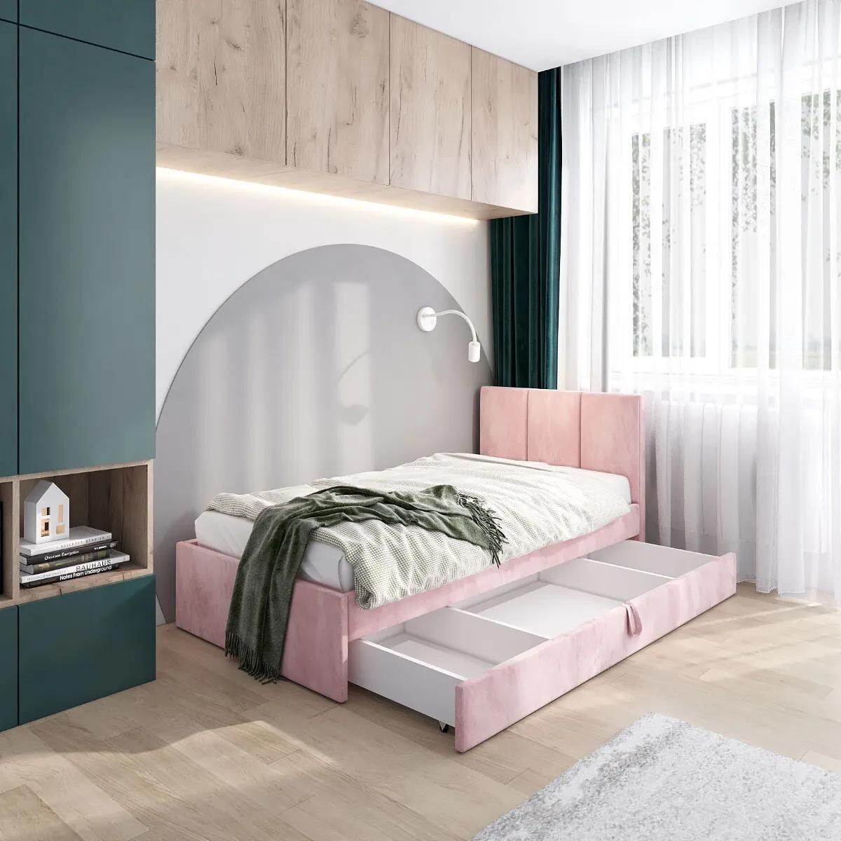 Łóżko młodzieżowe VIVO 2 120x200 różowe z tapicerowanym panelem i szufladą