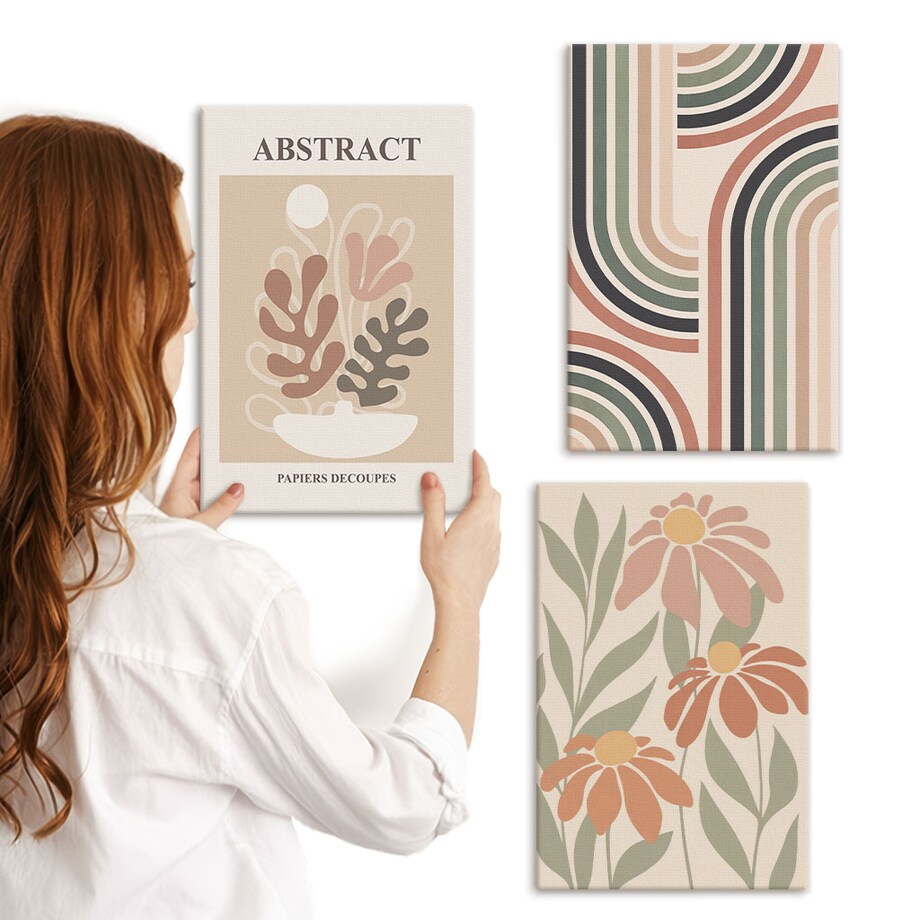 Zestaw 3 małych obrazów na płótnie - Abstrakcyjne rośliny w pastelach - pomarańczowy