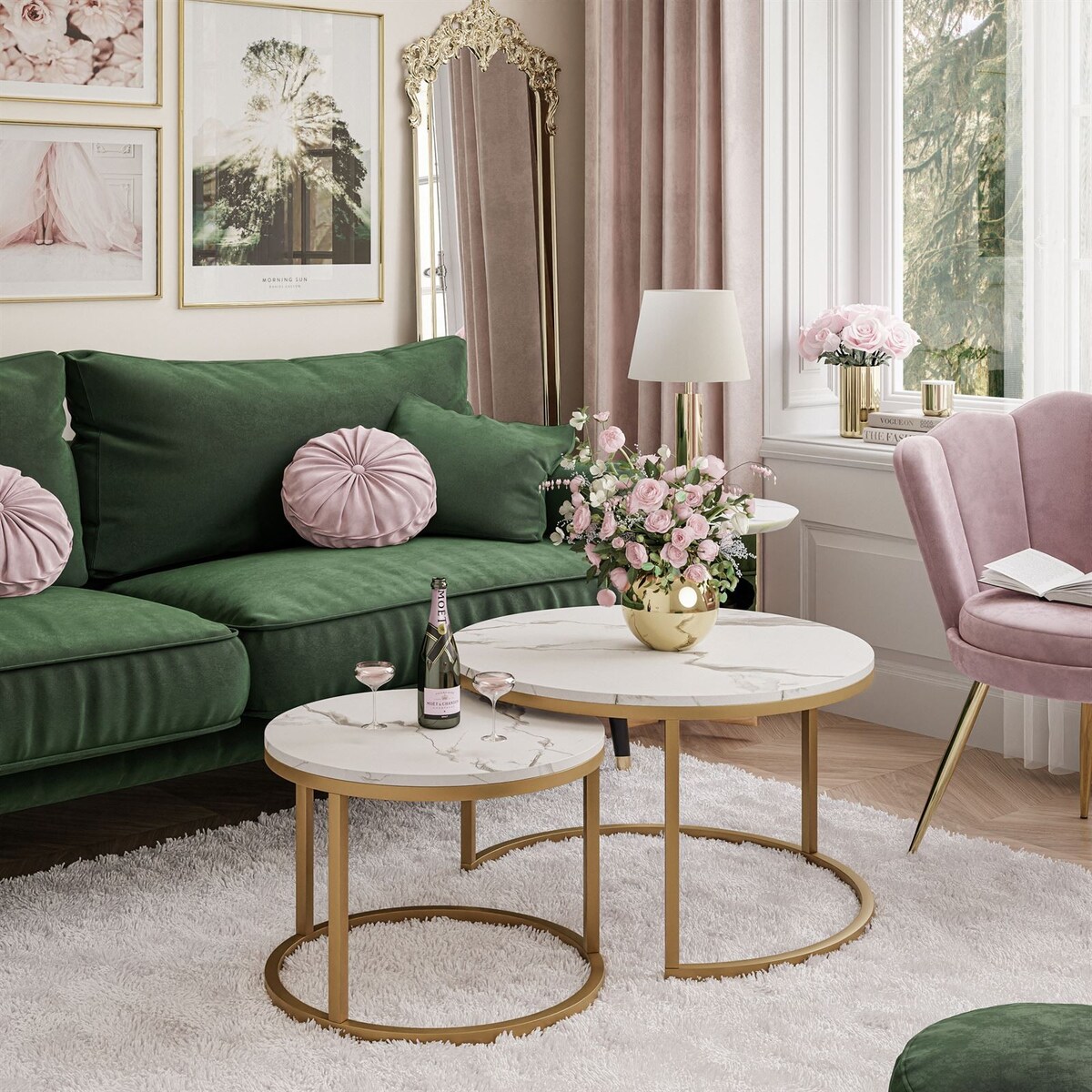 Stolik kawowy CORRIE 2w1 złoty biały marmur