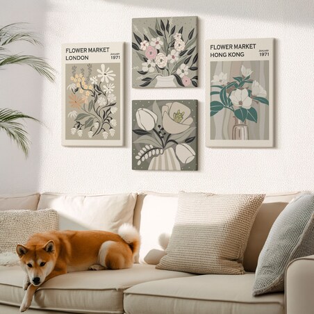 Zestaw 4 obrazów na płótnie - Kwiatowe ilustracje Londyn Hongkong boho - zielony