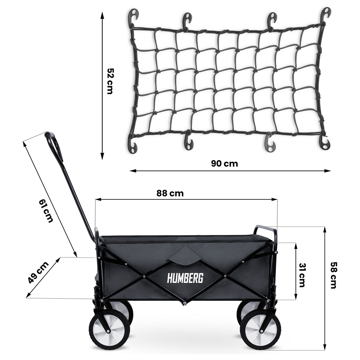 Wózek ogrodowy transportowy skladany Humberg 90 kg + siatka zabezpieczająca