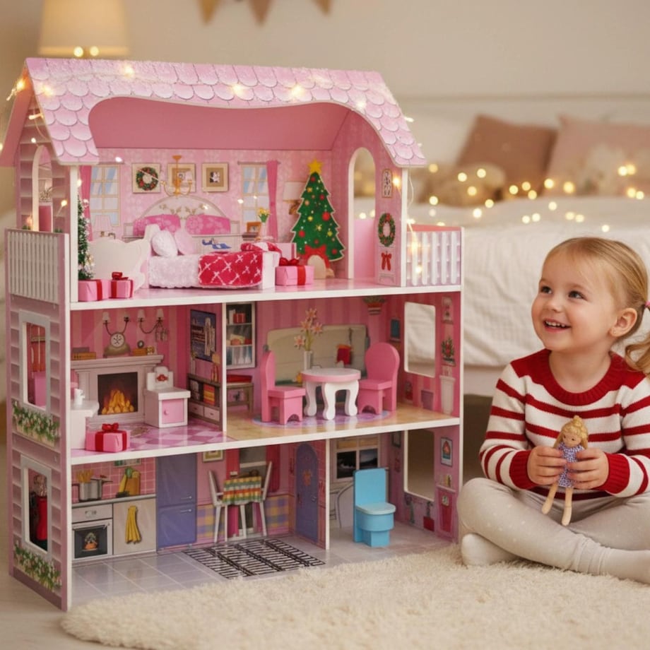 Domek dla lalek HOMEE drewniany XL – 3-poziomowy domek z 8 mebelkami i balkonem