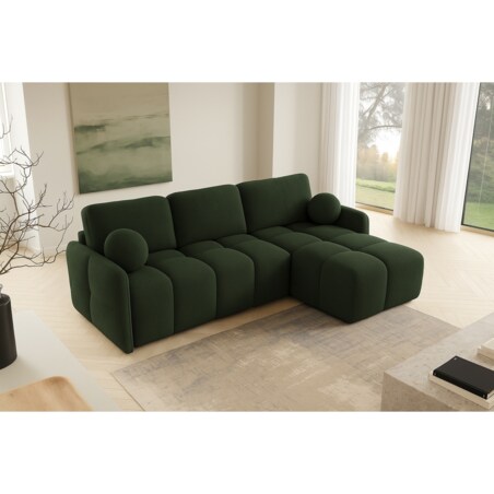 Narożnik MONO z funkcją spania i ozdobnymi poduszkami prawy, zielony