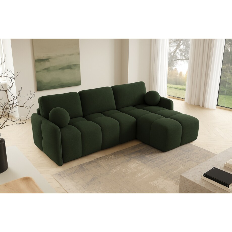 Narożnik MONO z funkcją spania i ozdobnymi poduszkami prawy, zielony