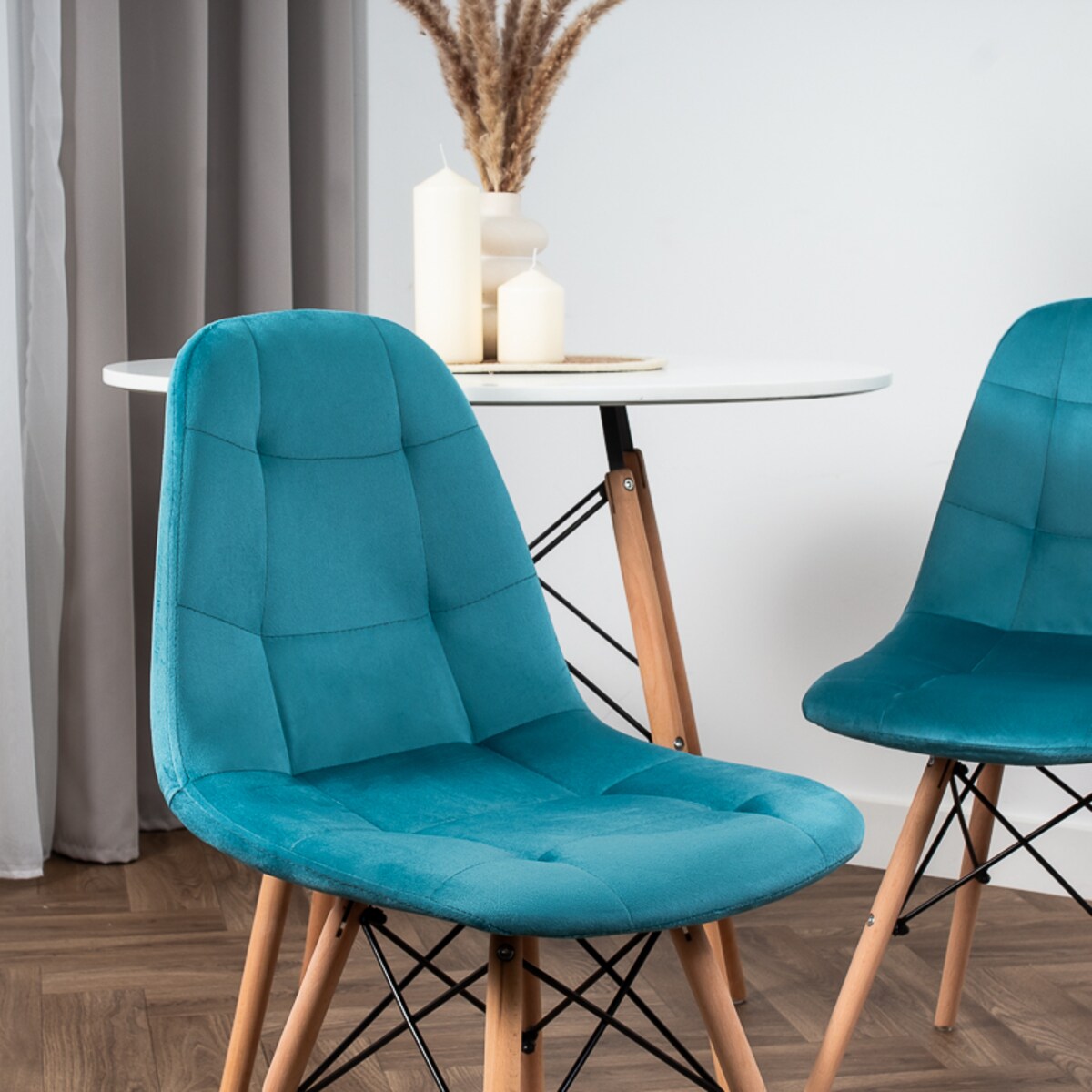 Krzesło tapicerowane skandynawskie nowoczesne welurowe turkusowe