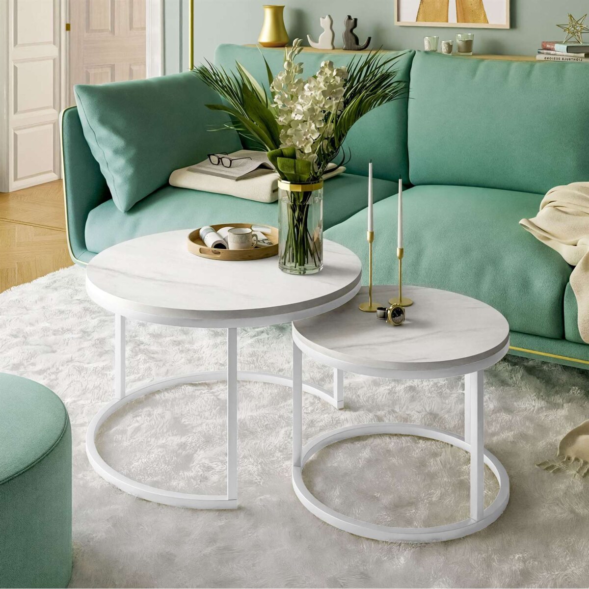 Okrągły stolik kawowy CIRI 2w1 biały marmur levanto 50/70 cm