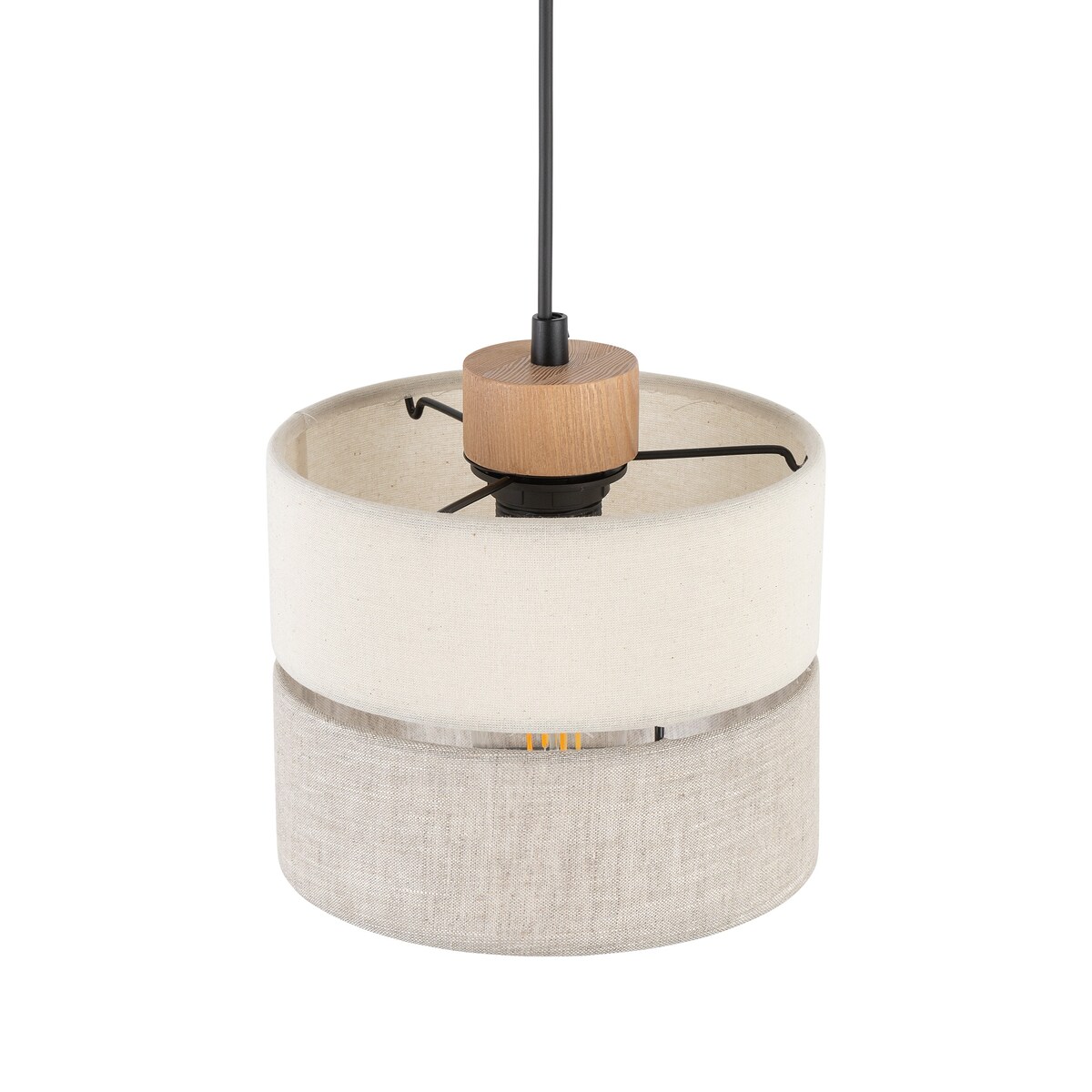 Lampa wisząca TK Lighting ECO 5770, szaro-beżowy abażur, drewno i czarny metal, regulowana wysokość, E27