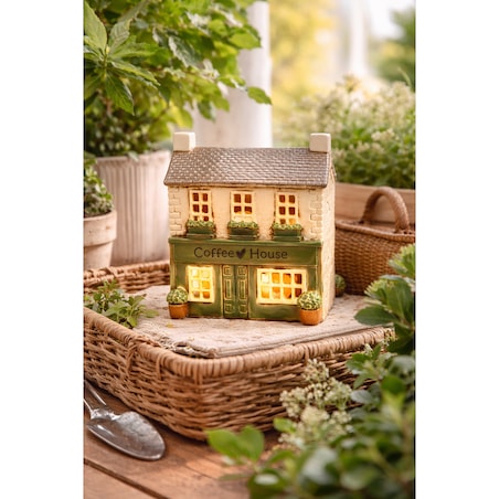 Ceramiczny domek na tea-lighty 16,5x14,5x9 cm COFFEE HOUSE kremowo-zielony
