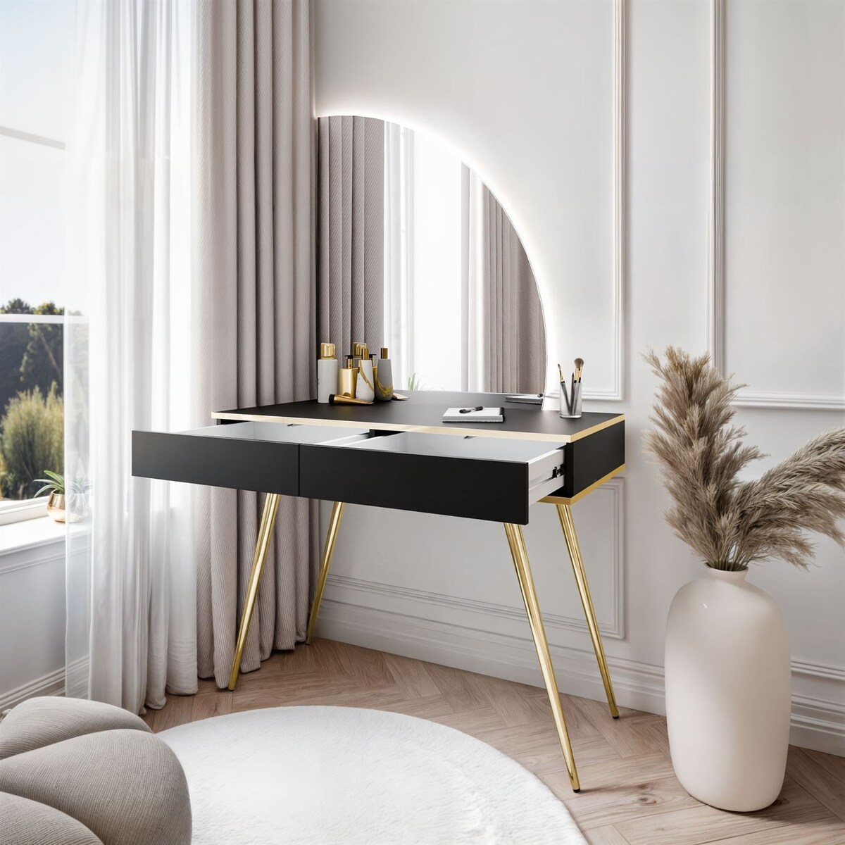 Toaletka OXFORD z lustrem i oświetleniem LED, prawa, czarna