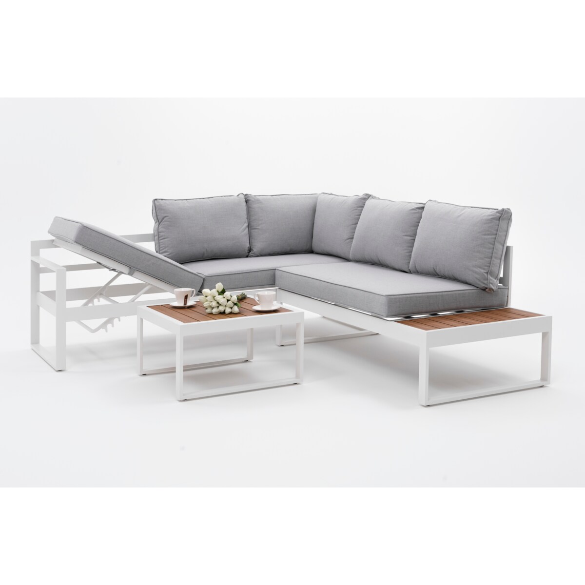 MEBLE OGRODOWE ALUMINIOWE NAROŻNIK NICEA BIAŁO SZARA PRAWA