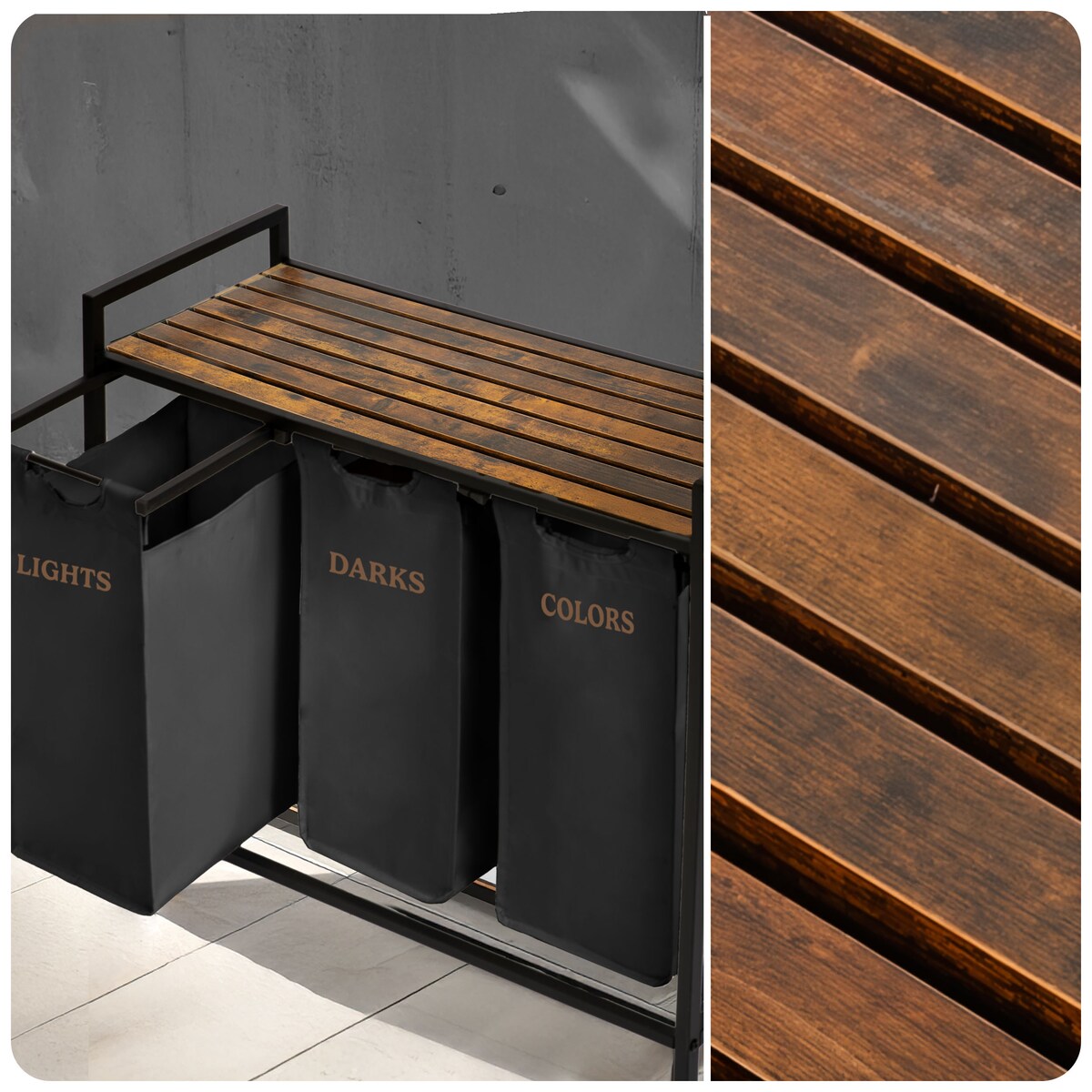 Massido, kosz na pranie 120l z półką trzykomorowy 92,5x33x72cm