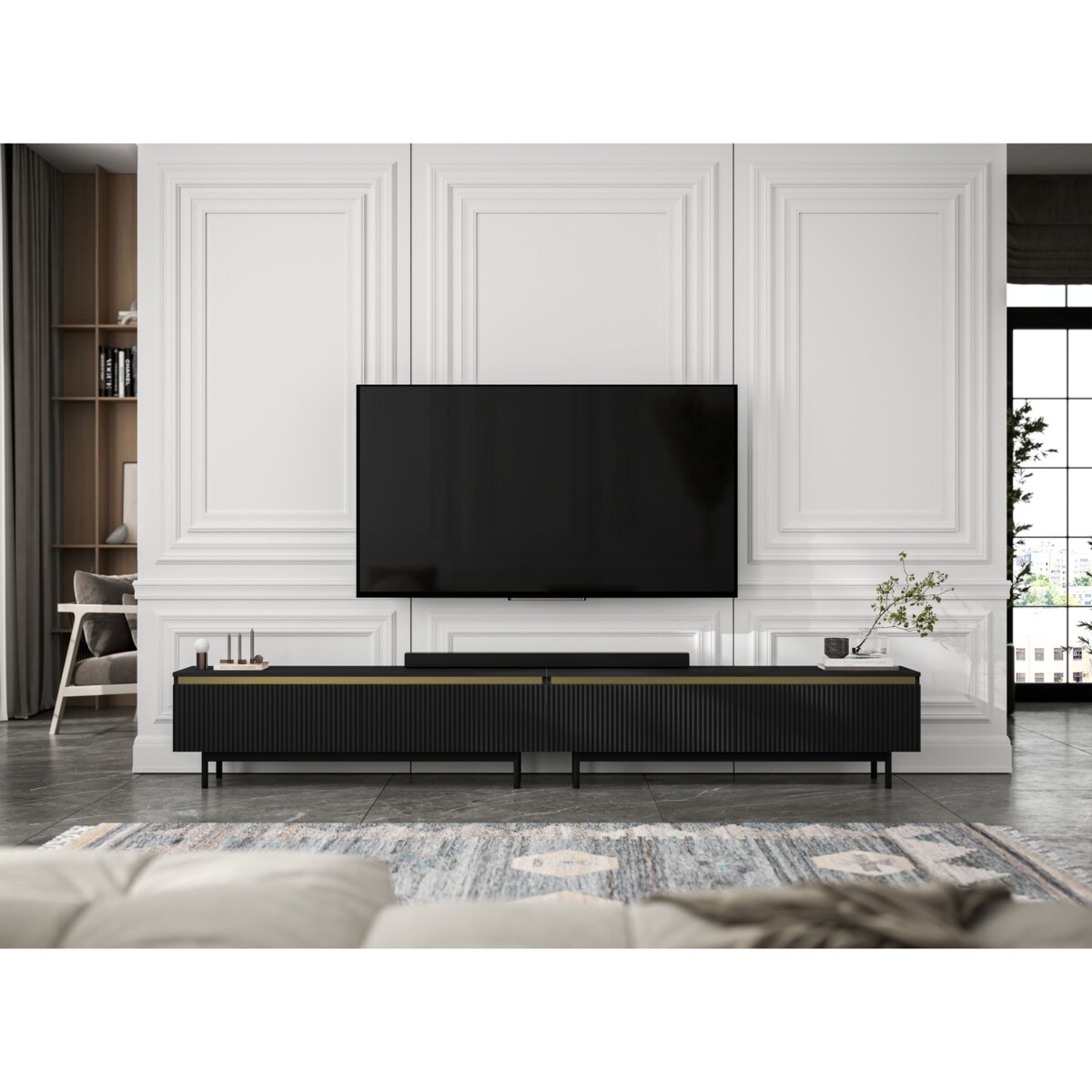 Nowoczesna Szafka RTV Glamour Komoda RTV Czarny Mat 280 cm czarne akcenty