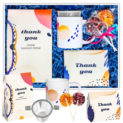 Personalizowany Box Thank You - kawa smakowa, herbata sypana, kubek, zaparzacz, lizaki, etykieta z personalizowanym nadrukiem na prezent upominek podziękowanie