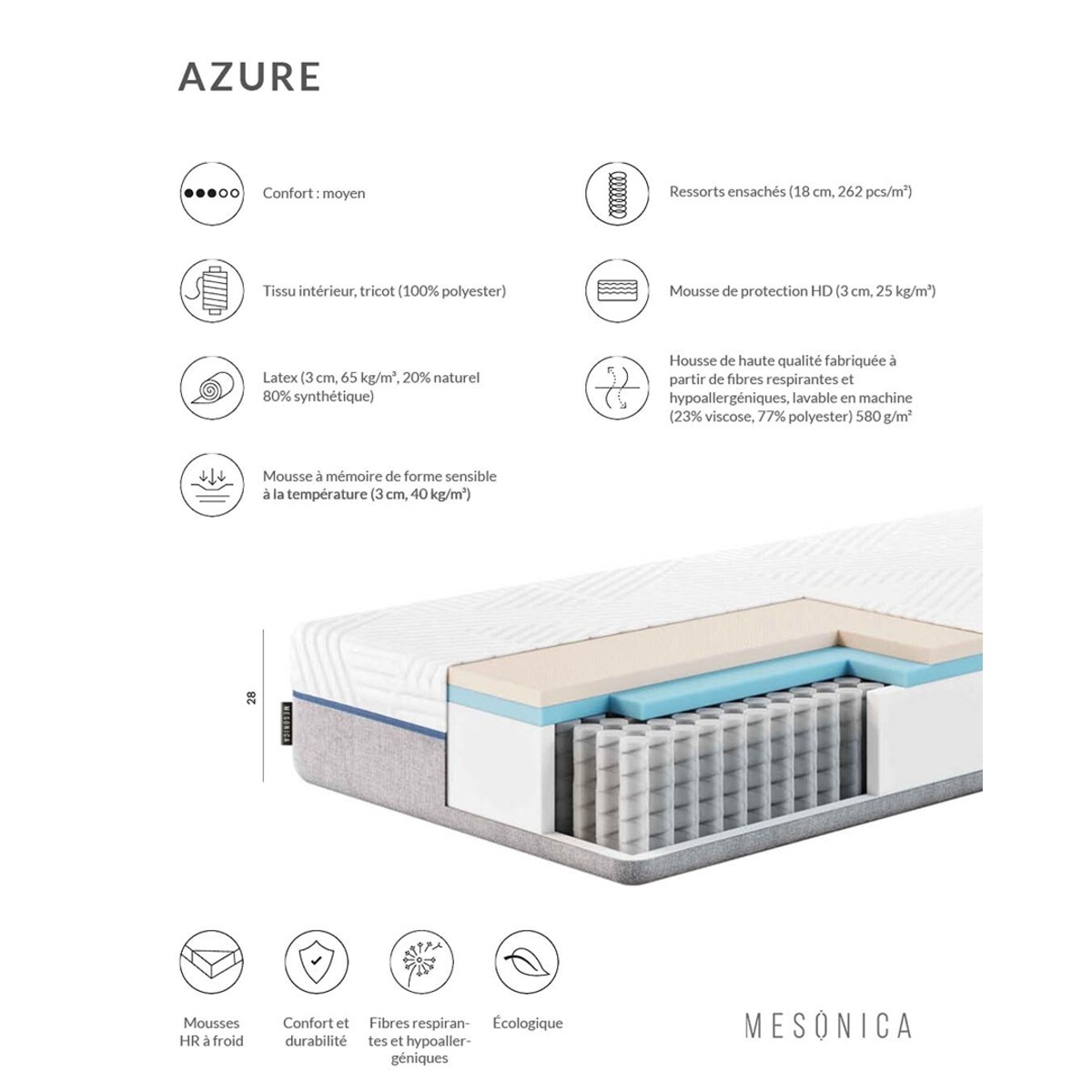 Mesonica Azure - Materac lateksowy 80x200 wys.: 28 cm