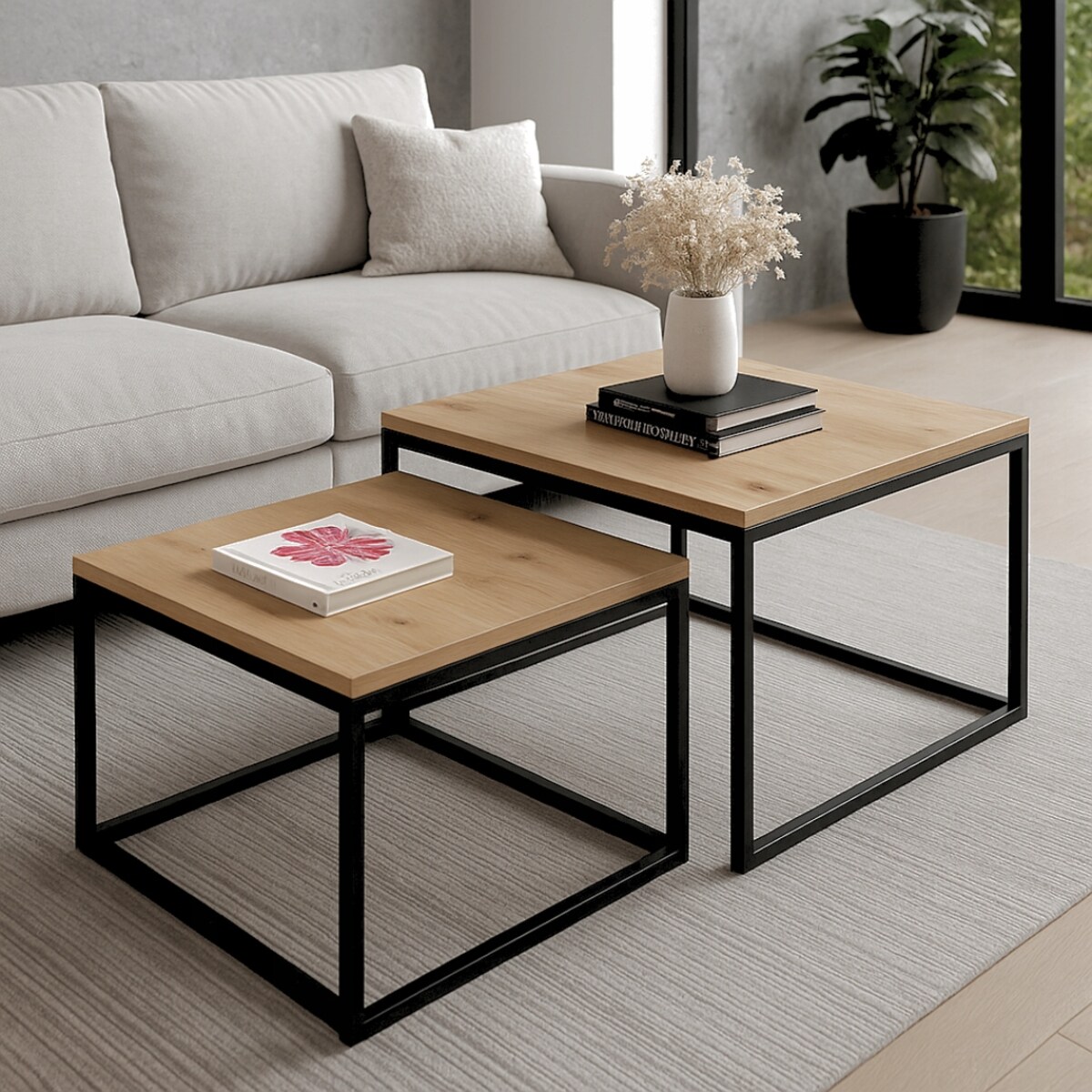 Nowoczesne Stoliki Kawowe 2w1 CUBE Czarny Loft Minimalizm Dąb Artisan 2szt