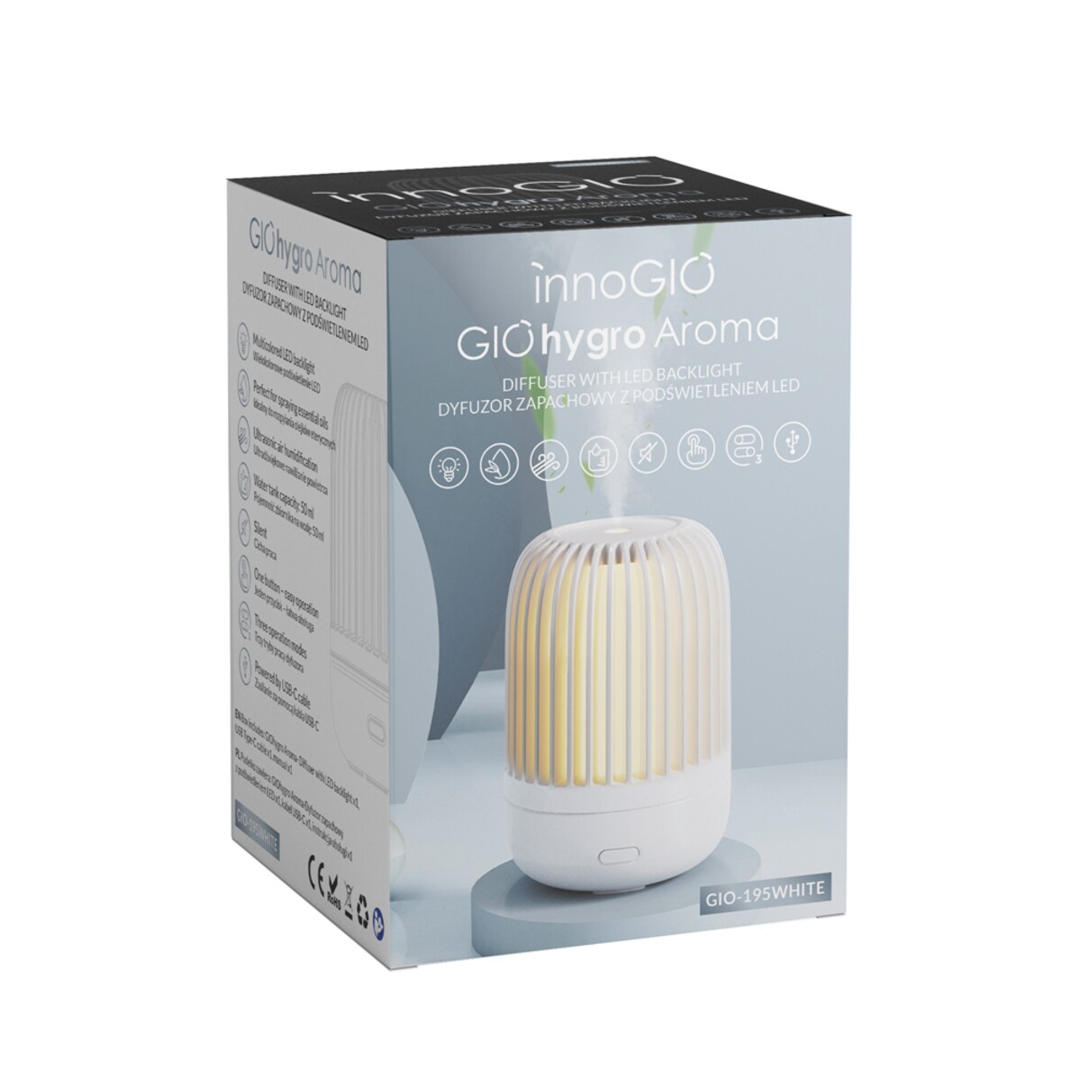 InnoGIO GIOhygro Aroma Dyfuzor Zapachowy lampka LED 50ml USB-C Biały