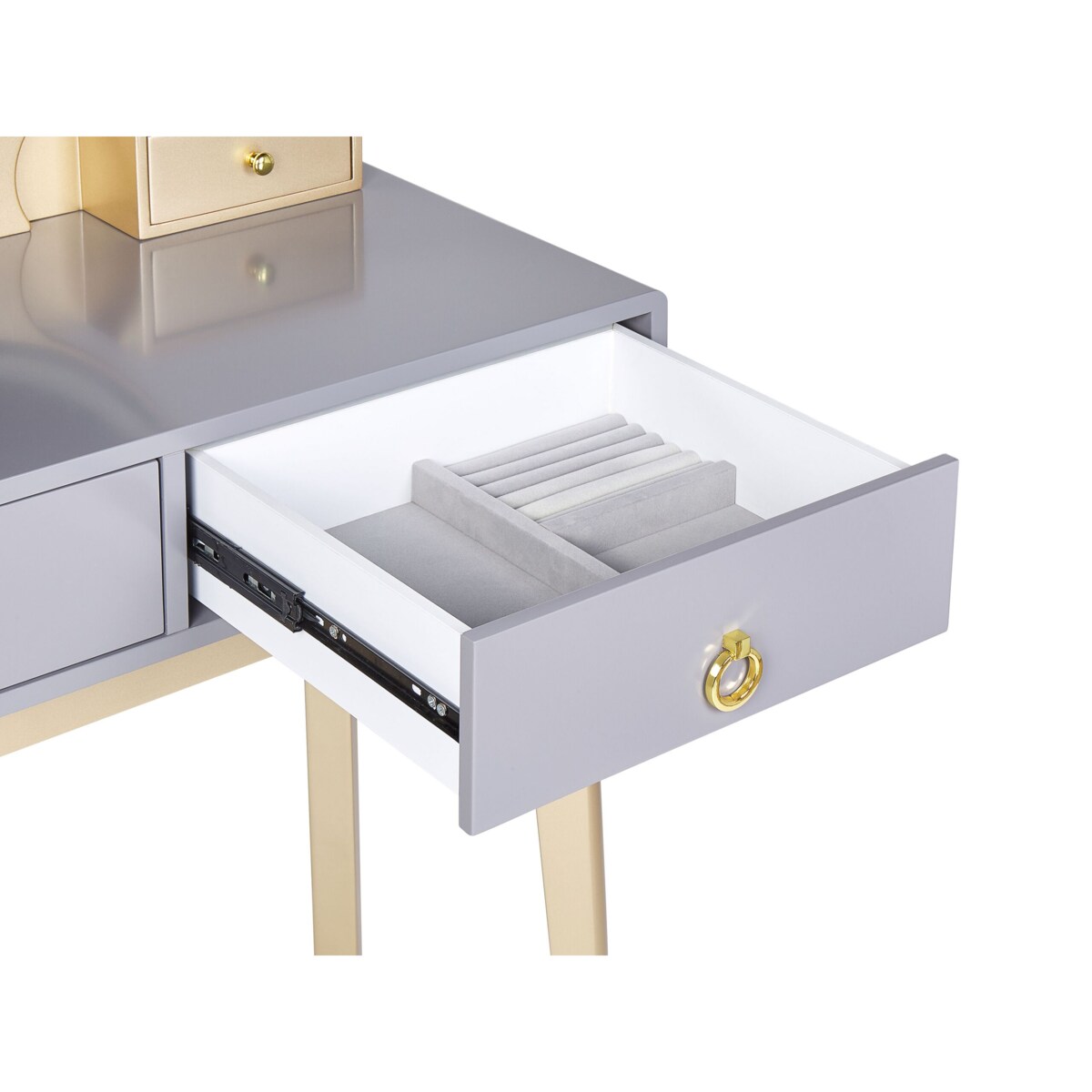 Toaletka 4 szuflady lustro LED ze stołkiem szaro-złota FEDRY