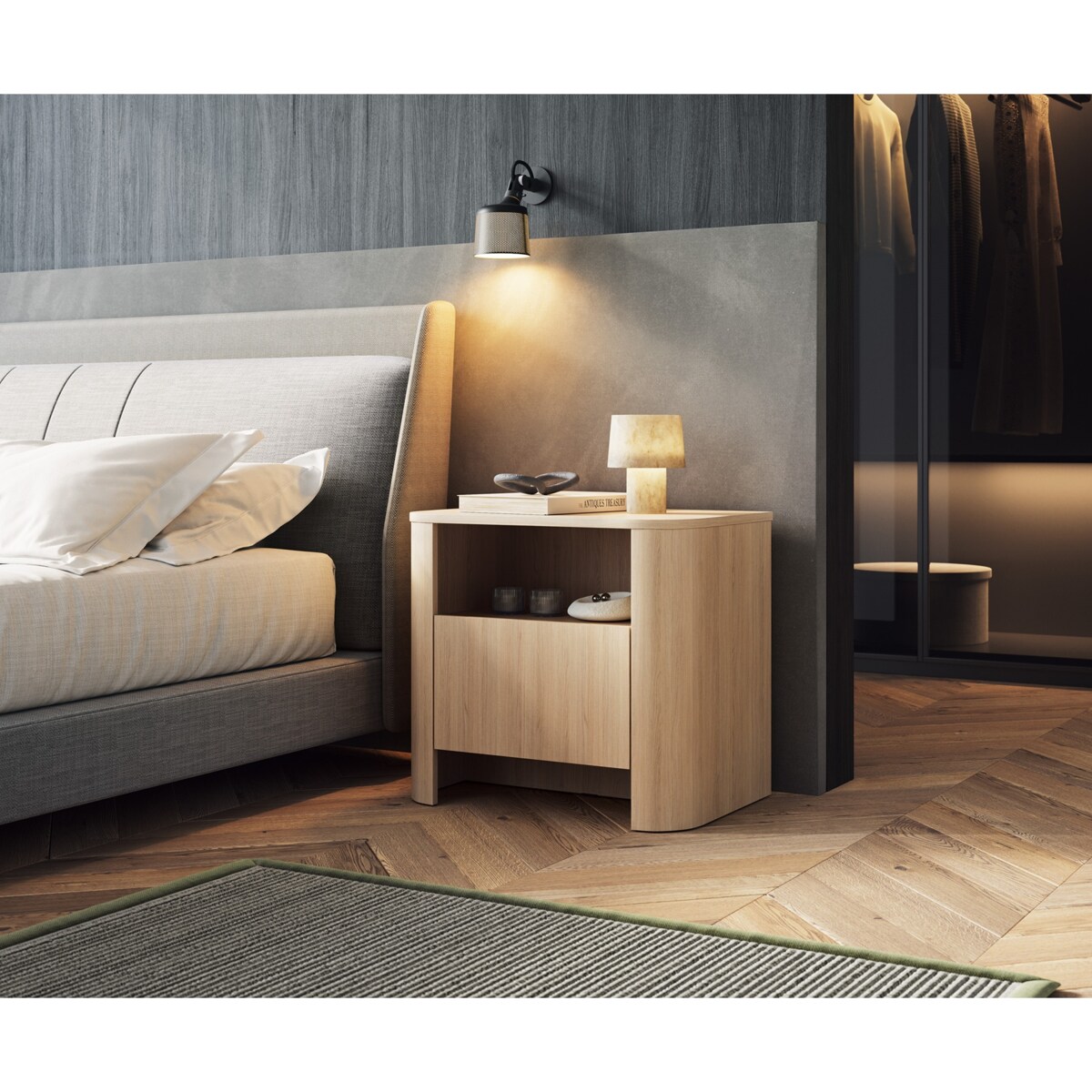 Szafka nocna BALI o zaokrąglonych kształtach w nowoczesnym stylu, Dąb Vinc