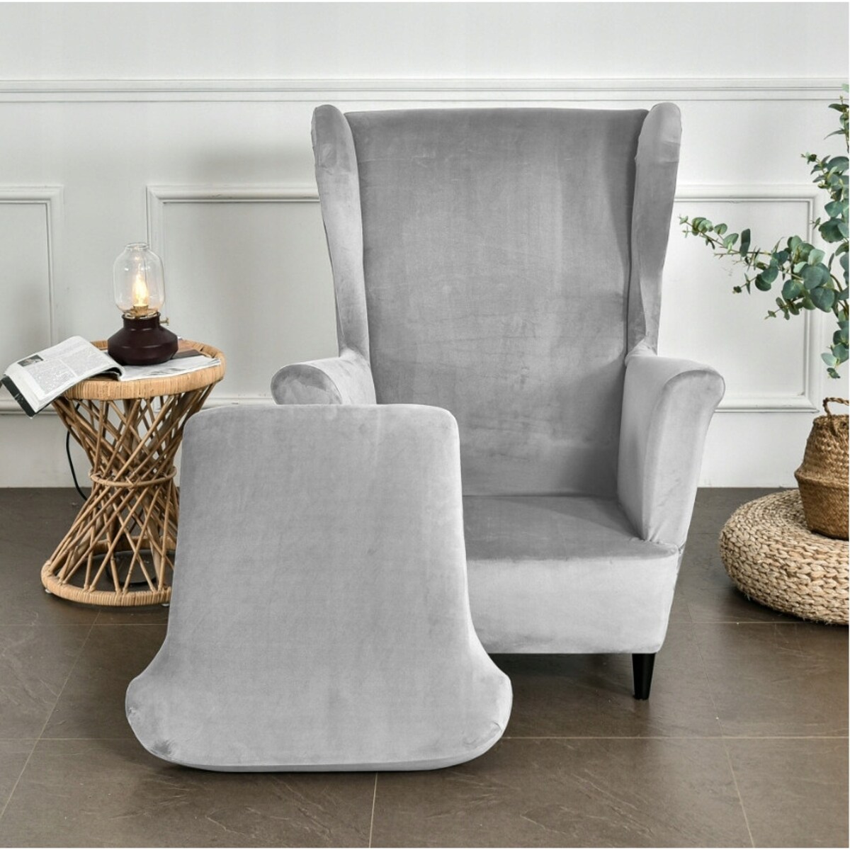 POKROWIEC NA FOTEL USZAK JASNY SZARY WELUR ELASTYCZNY [22E5]