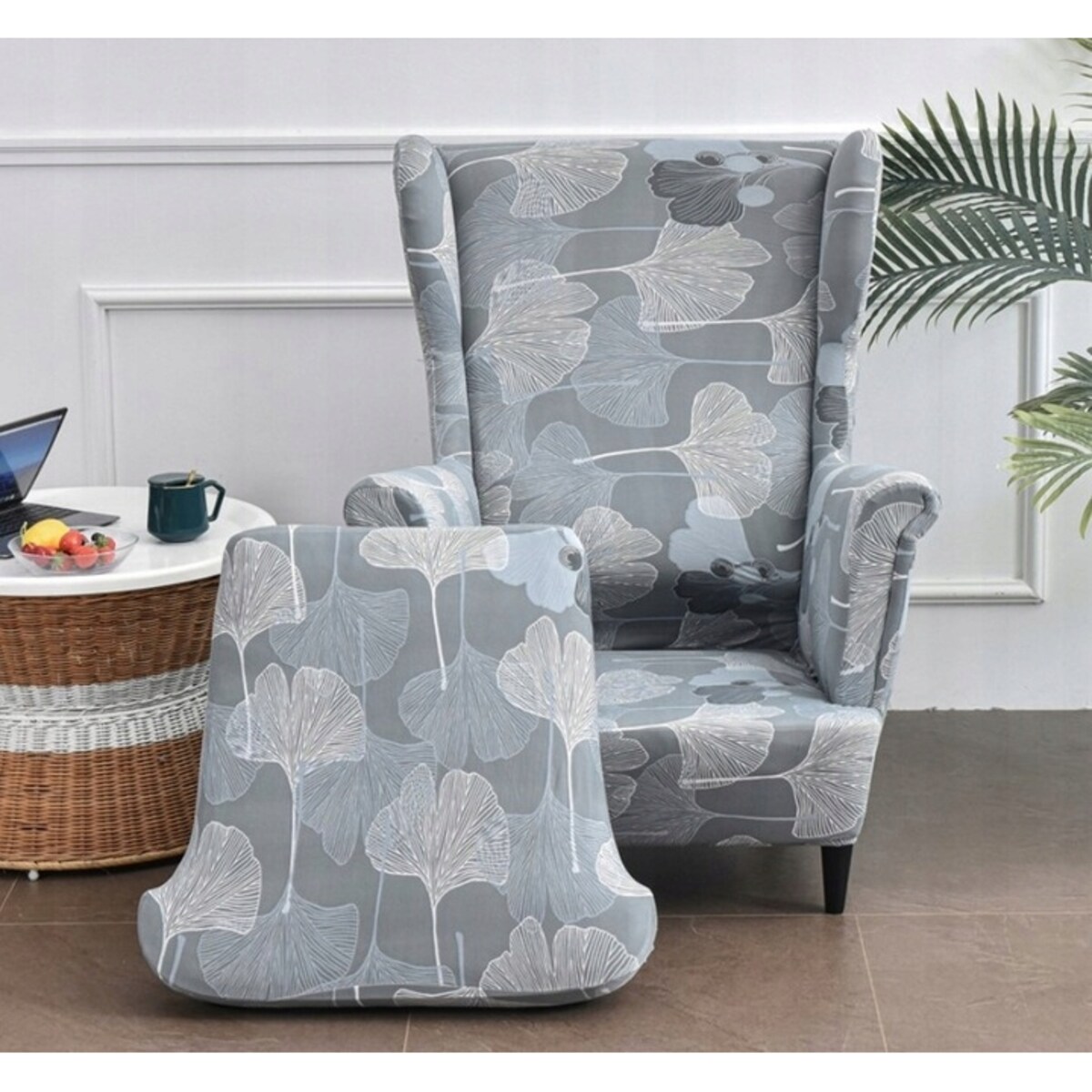 POKROWIEC NA FOTEL USZAK SZARY LIŚCIE WZORY ELASTYCZNY [22EW8]