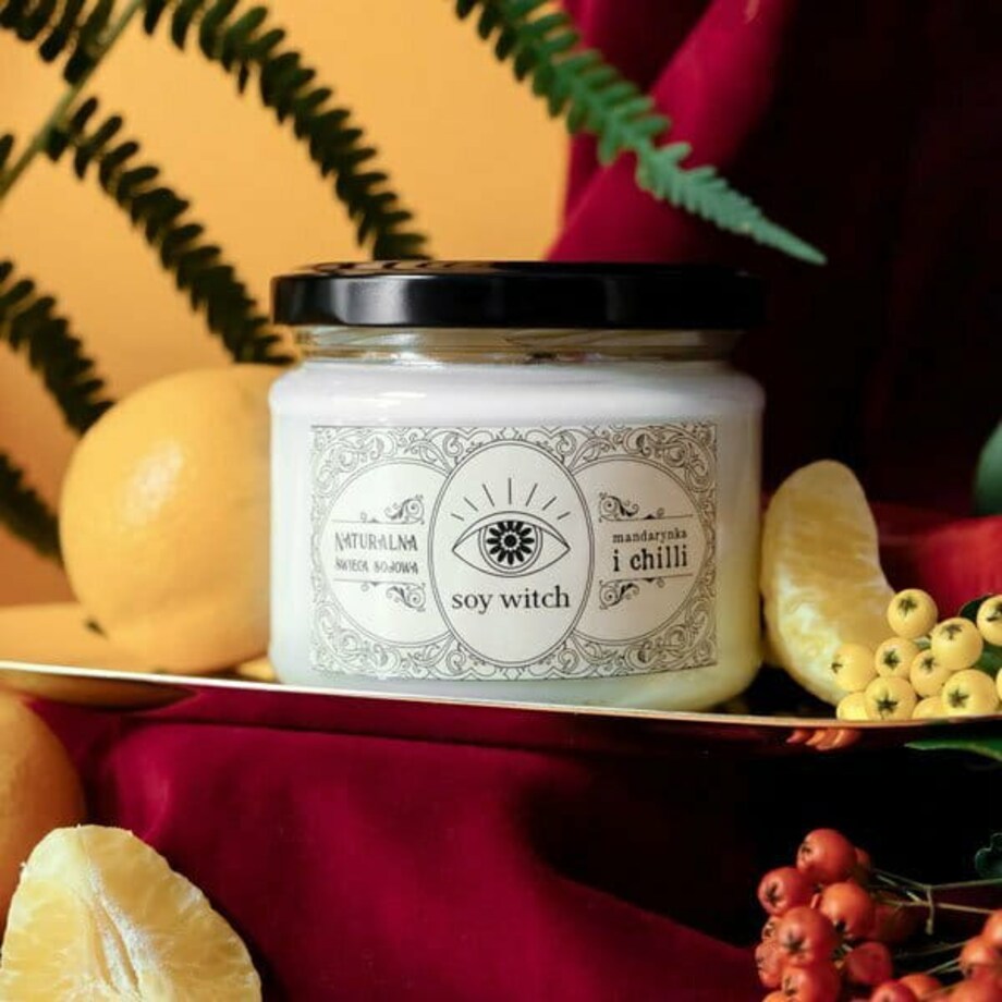 Wegańska Świeczka Świeca Sojowa Zapach mandarynka i Chilli 50H Palenia