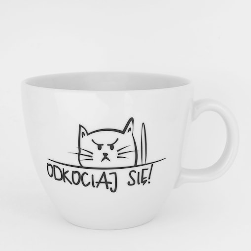 Biały kubek porcelanowy 1 litr - zabawny napis odkociaj się dla miłośnika kotów na urodziny