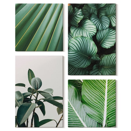 Zestaw 4 obrazów na płótnie - Liście tropikalne w zieleni - zielony