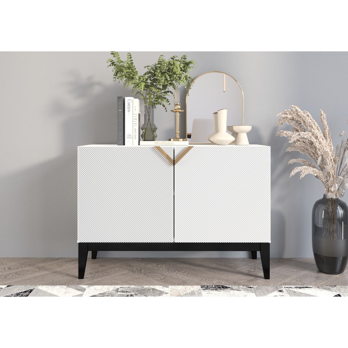 Drewniana komoda Visby DEMI LONG 2D / kolor biały + czarne nogi / szer. 100,5 cm