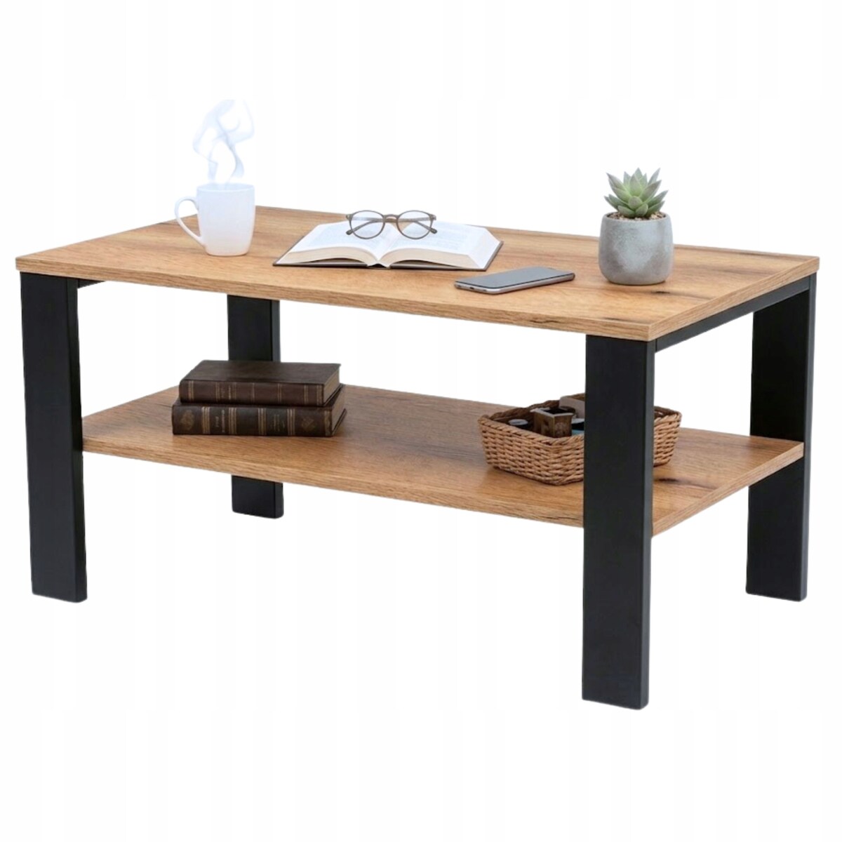 Stolik Kawowy Loft Dąb Evoke Czarny Stelaż 90X52Cm Ława Industrialna