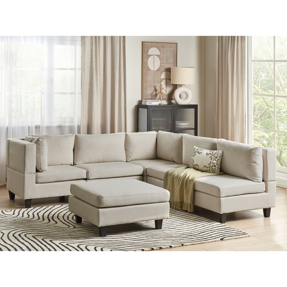 Tapicerowany prawostronny narożnik modułowy 5-osobowy z otomaną jasnobeżowy UNSTAD