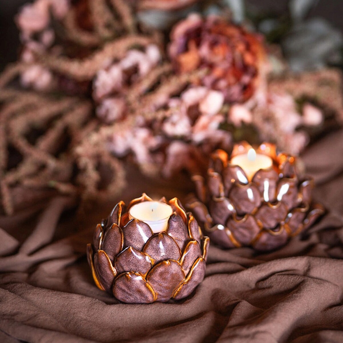 ŚWIECZNIK 2w1 TEALIGHT KANDELABR BOHO LOFT RÓŻOWY CERAMICZNY NA 1 ŚWIECĘ