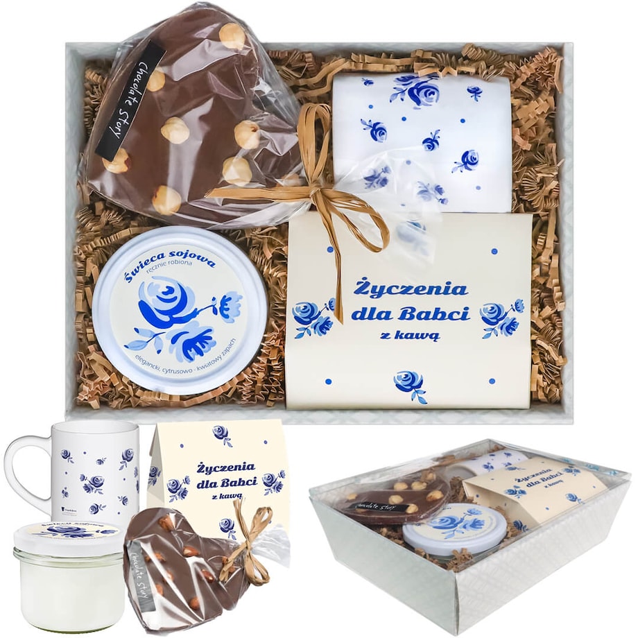 Gotowy zestaw prezentowy „Życzenia dla Babci” kawa aromatyzowana PREMIUM mix 5 saszetek kubek świeca czekoladowe serce prezent upominek na Dzień Babci