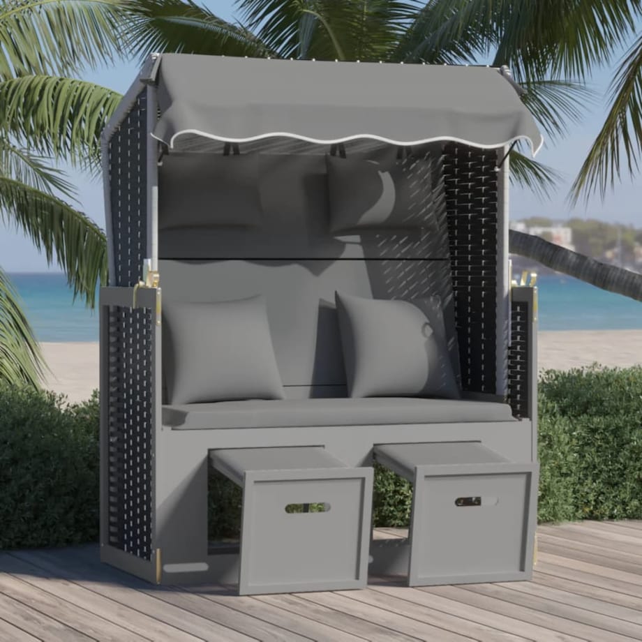 vidaXL Kosz plażowy z poduszkami, rattan PE i drewno, czarny-antracyt