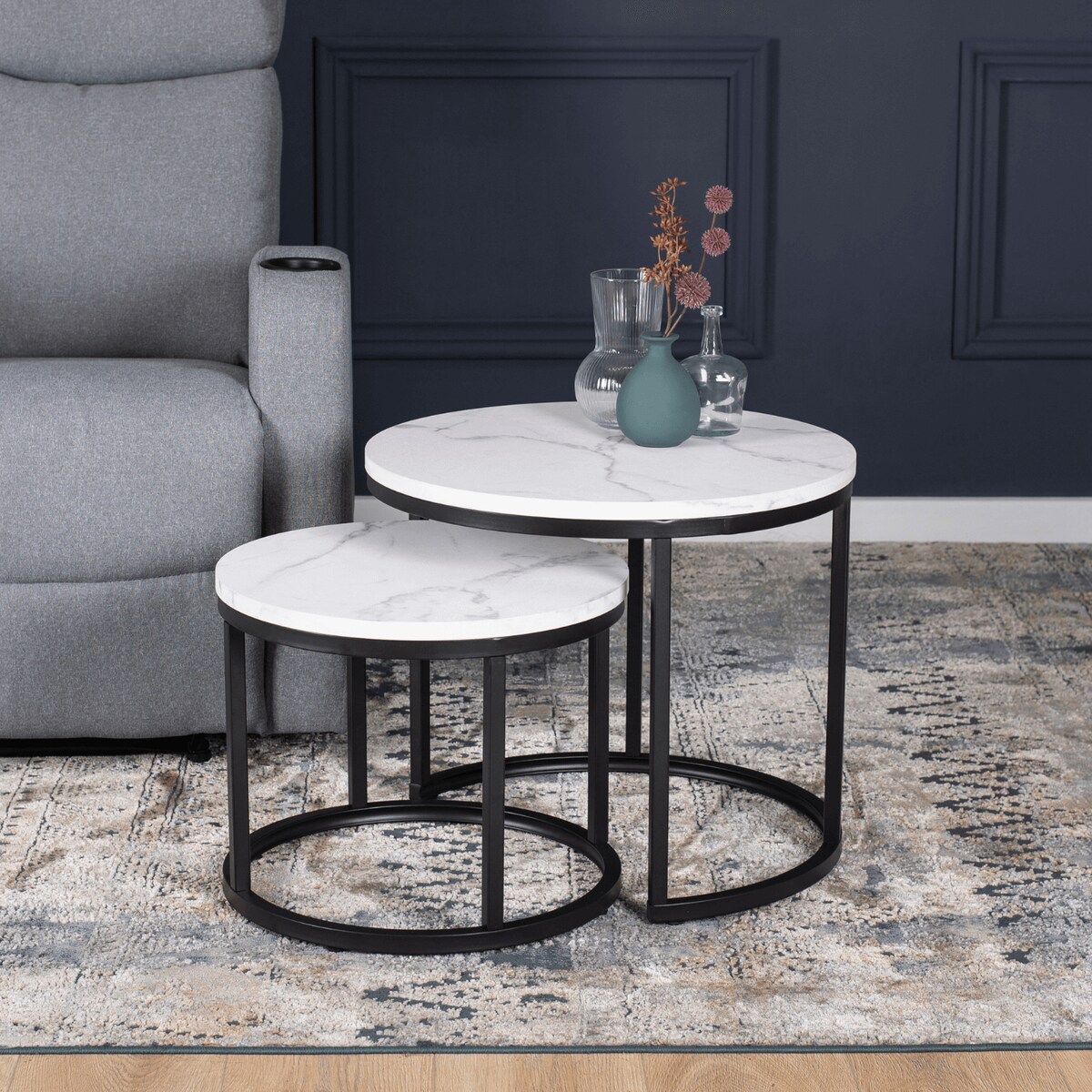 Stolik Kawowy Okrągły Loft Ława Do Salonu 2w1 DAFNE Biały Marmur Czarny