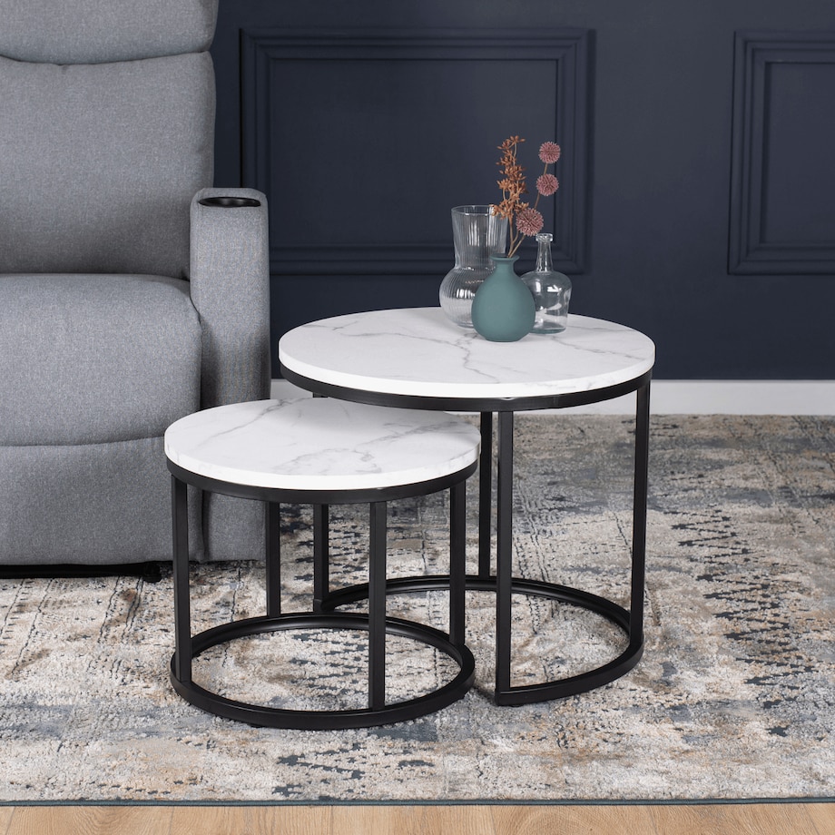 Stolik Kawowy Okrągły Loft Ława Do Salonu 2w1 DAFNE Biały Marmur Czarny
