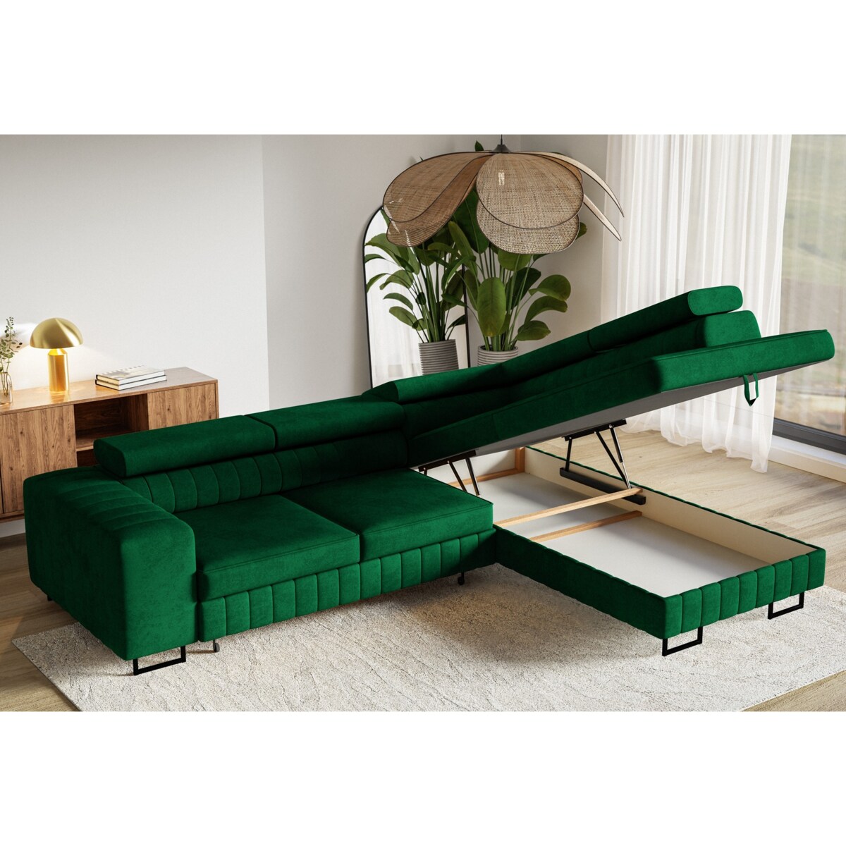Narożnik NOLA do salonu, regulowane zagłówki-prawostronny- butelkowa zieleń