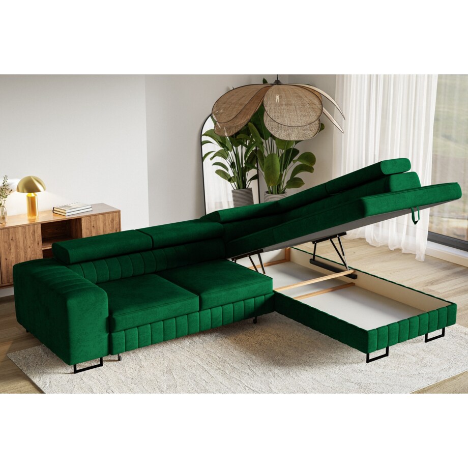 Narożnik NOLA do salonu, regulowane zagłówki-prawostronny- butelkowa zieleń