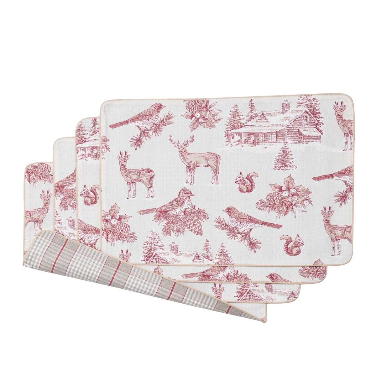Dwustronne podkładki Toile de Jouy Red Forest & Glen Check – komplet 4 szt.