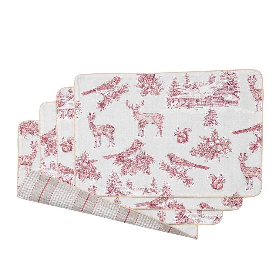 Dwustronne podkładki Toile de Jouy Red Forest & Glen Check – komplet 4 szt.