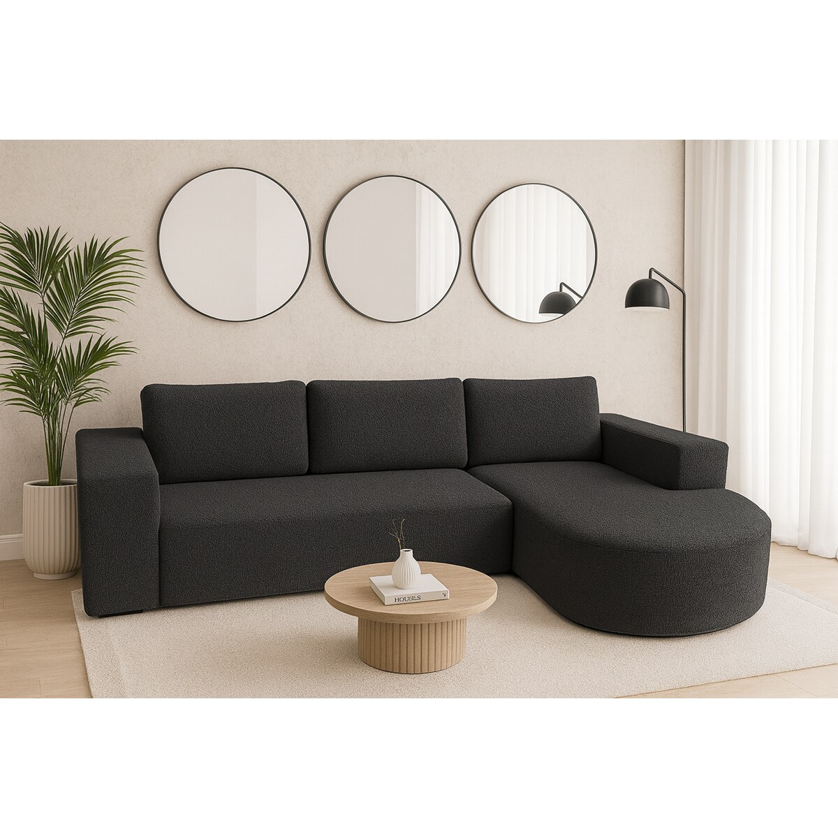 Narożnik Vello z funkcją spania do salonu, prawostronny- boucle- grafitowy