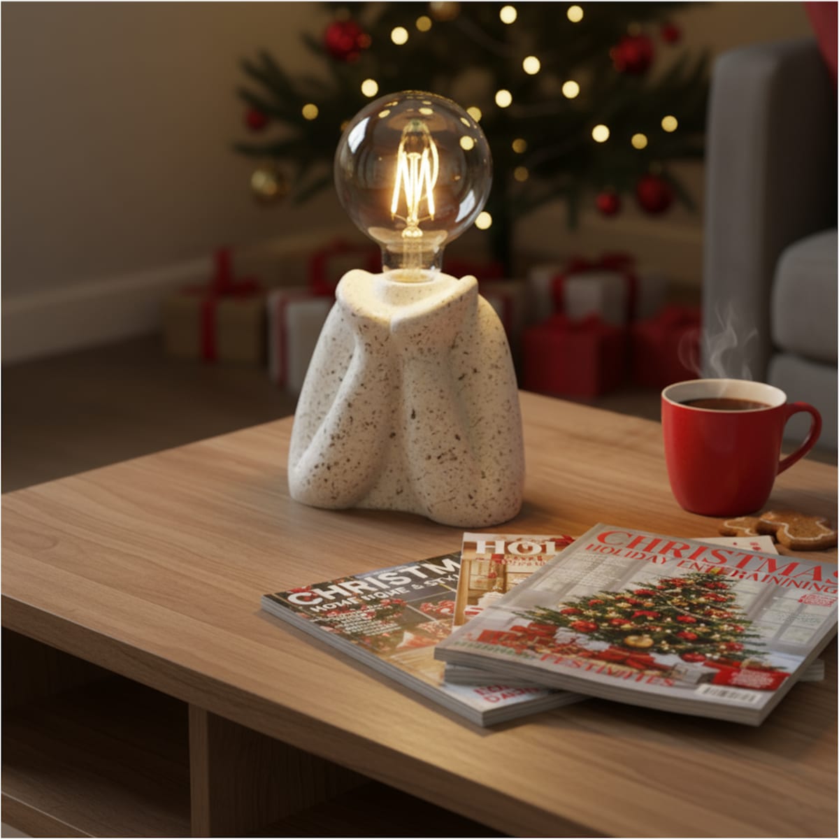 Lampka Nocna Led Stojąca Stołowa Cementowa Dekoracyjna Na Baterie Biała