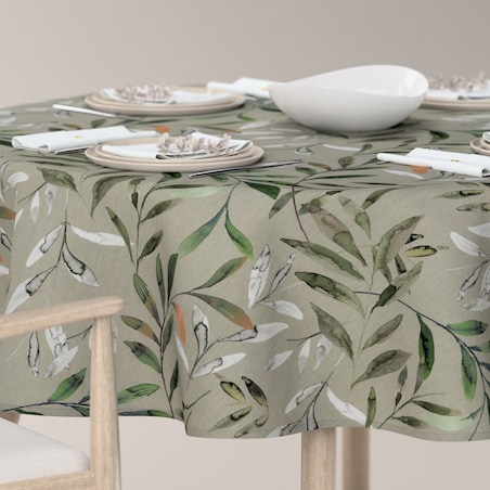 Obrus okrągły 130 x 130 cm zielone gałązki na szarym tle