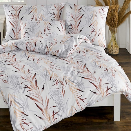 Pościel satyna bawełniana 200x220 Exclusive Dream biała w szaro beżowe liście
