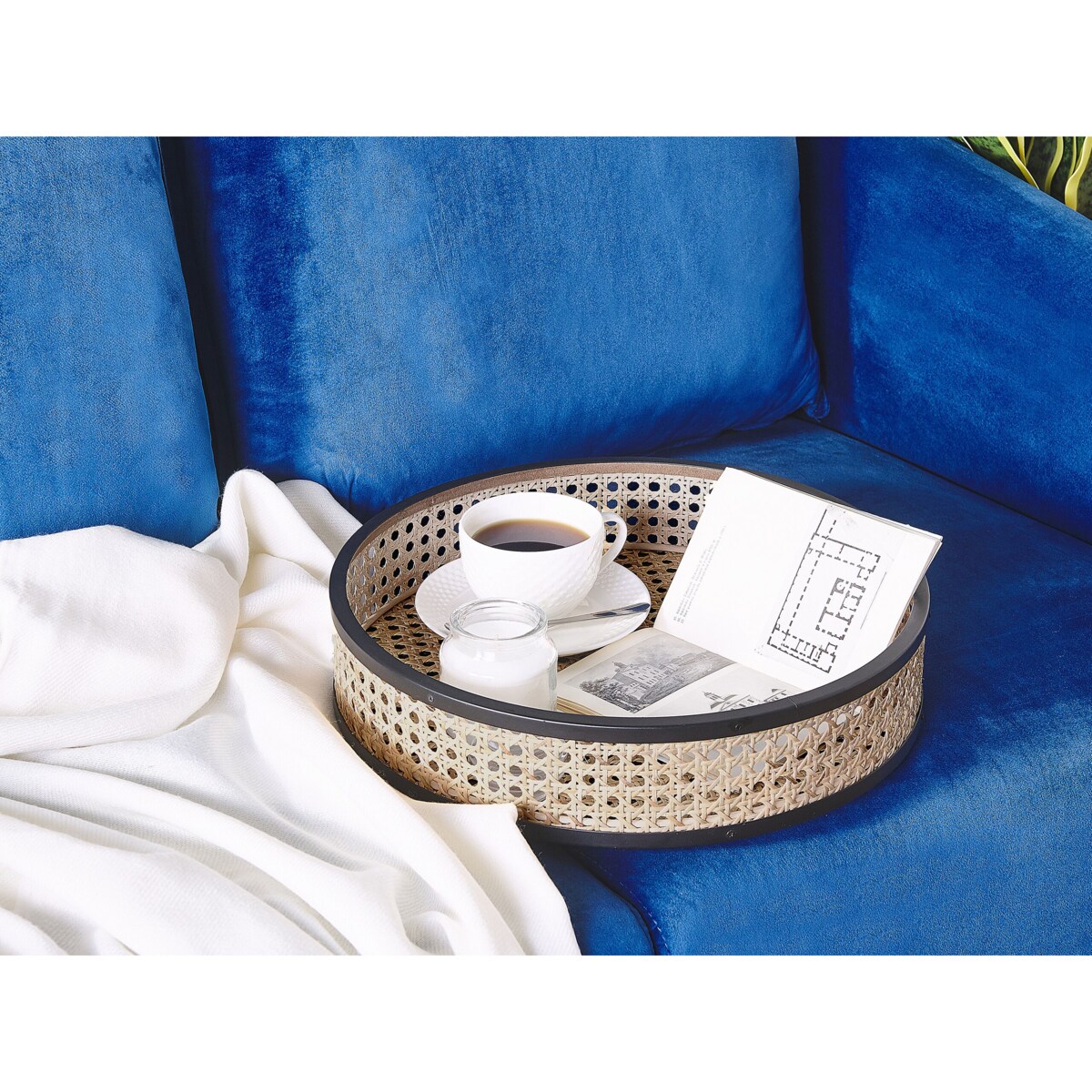 Stolik pomocniczy z tacą czarny z jasnym rattanem VIENNA