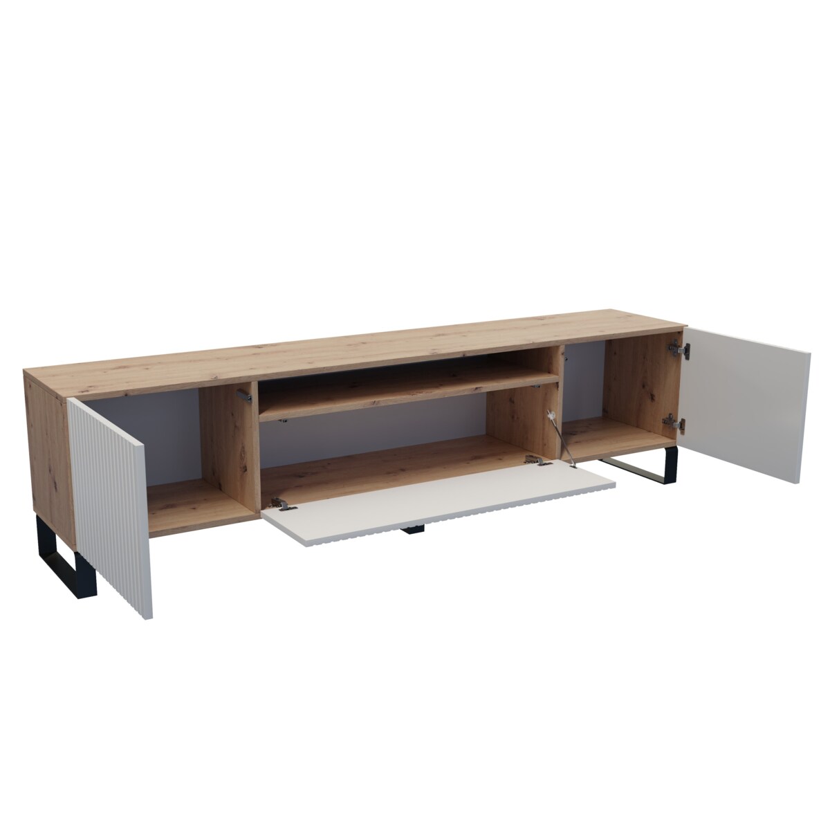 Szafka RTV MARCO na metalowych nogach, frezowane fronty-biała-artisan