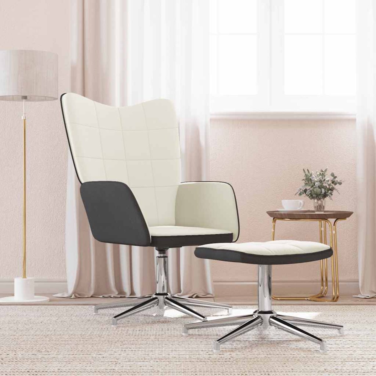 vidaXL Fotel z podnóżkiem, kremowy, aksamit i PVC